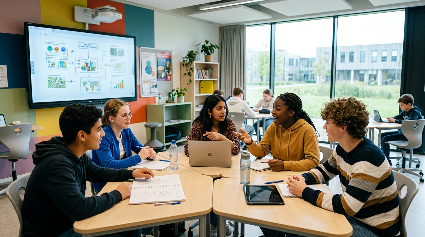 Modern Nederlands klaslokaal, leerlingen met tablets en leraar