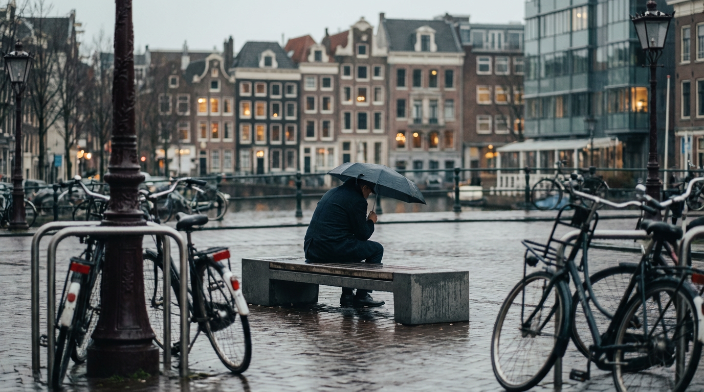 Rustige bank in een Nederlands stadsplein, eenzaamheid in de stad