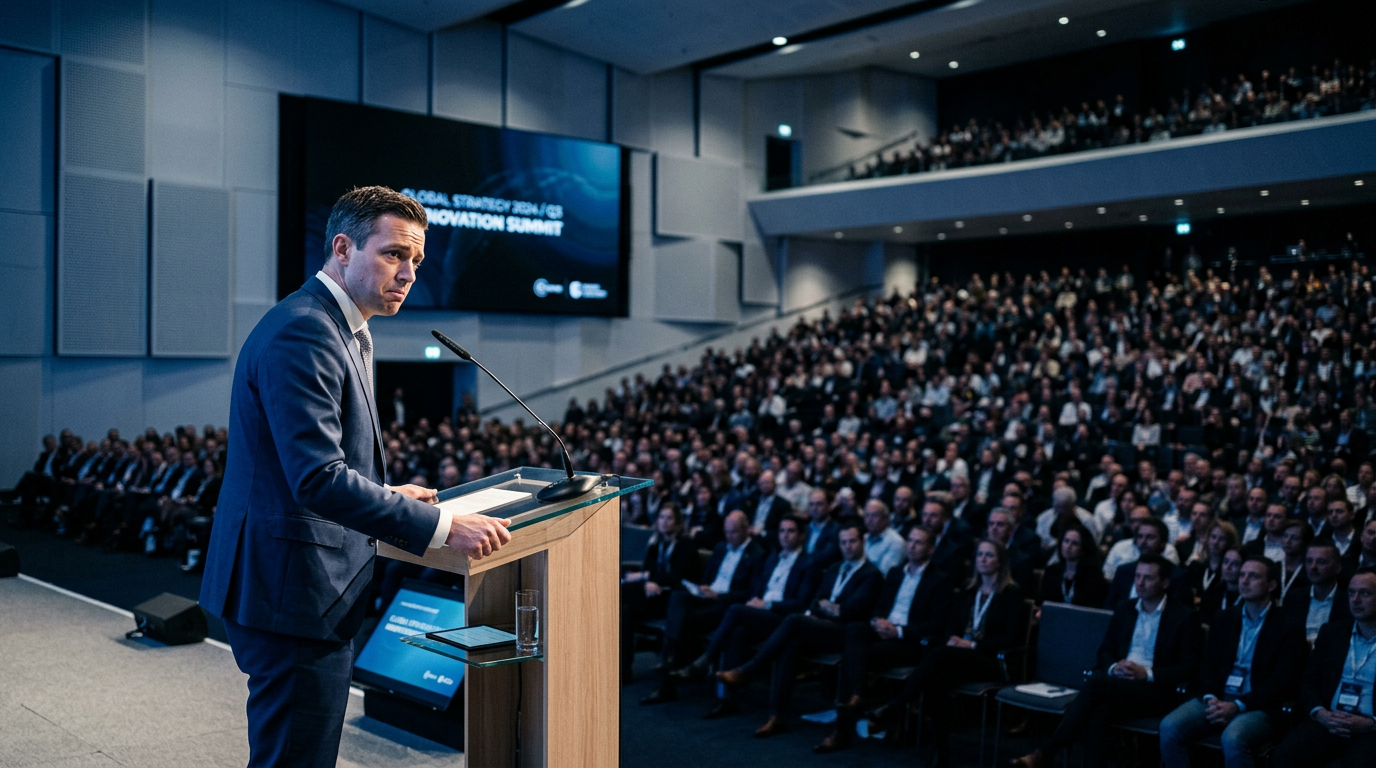 Spreker achter podium voor groot publiek op conferentie